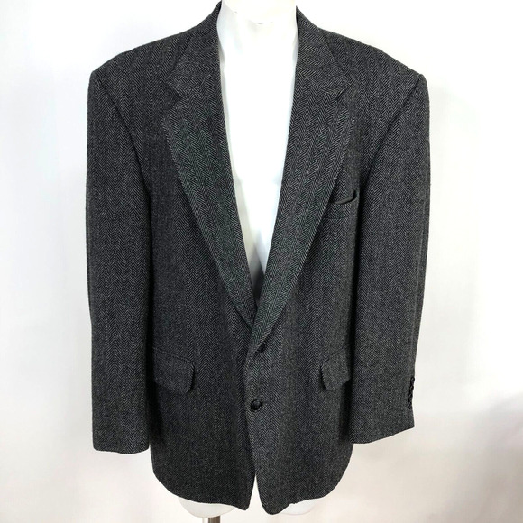 Lands' End Lambswool Herringbone 46 R Sport Coat Jacket Black Gray - Picture 1 of 16